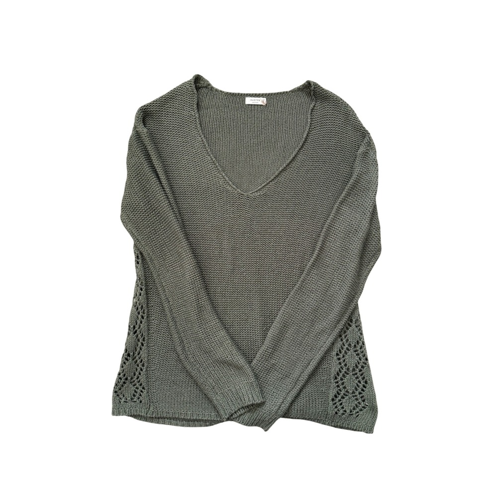 Harper Heritage Womens Olive Green V-Neck Sweater Side Pointelle Detail Size L